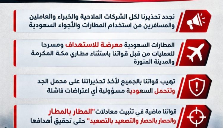 عاجل | صنعاء تعلن دخول المعادلة الـ4 حيز التنفيذ: "المطار بالمطار" والمطارات السعودية ساحة عمليات