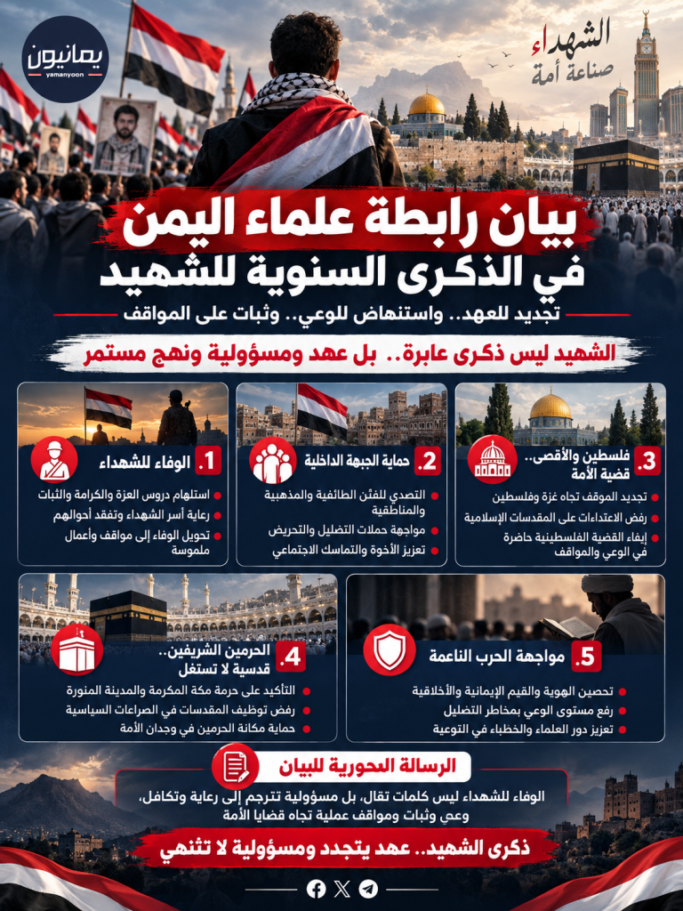 إنفوجرافيك | بيان رابطة علماء اليمن في ذكرى الشهيد.. تجديد للعهد واستنهاض للوعي ومواجهة مشاريع الاستهداف والتضليل