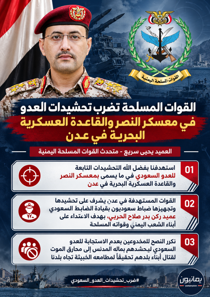 صنعاء تقصف تحشيدات العدو في معسكر النصر والقاعدة العسكرية البحرية بعدن